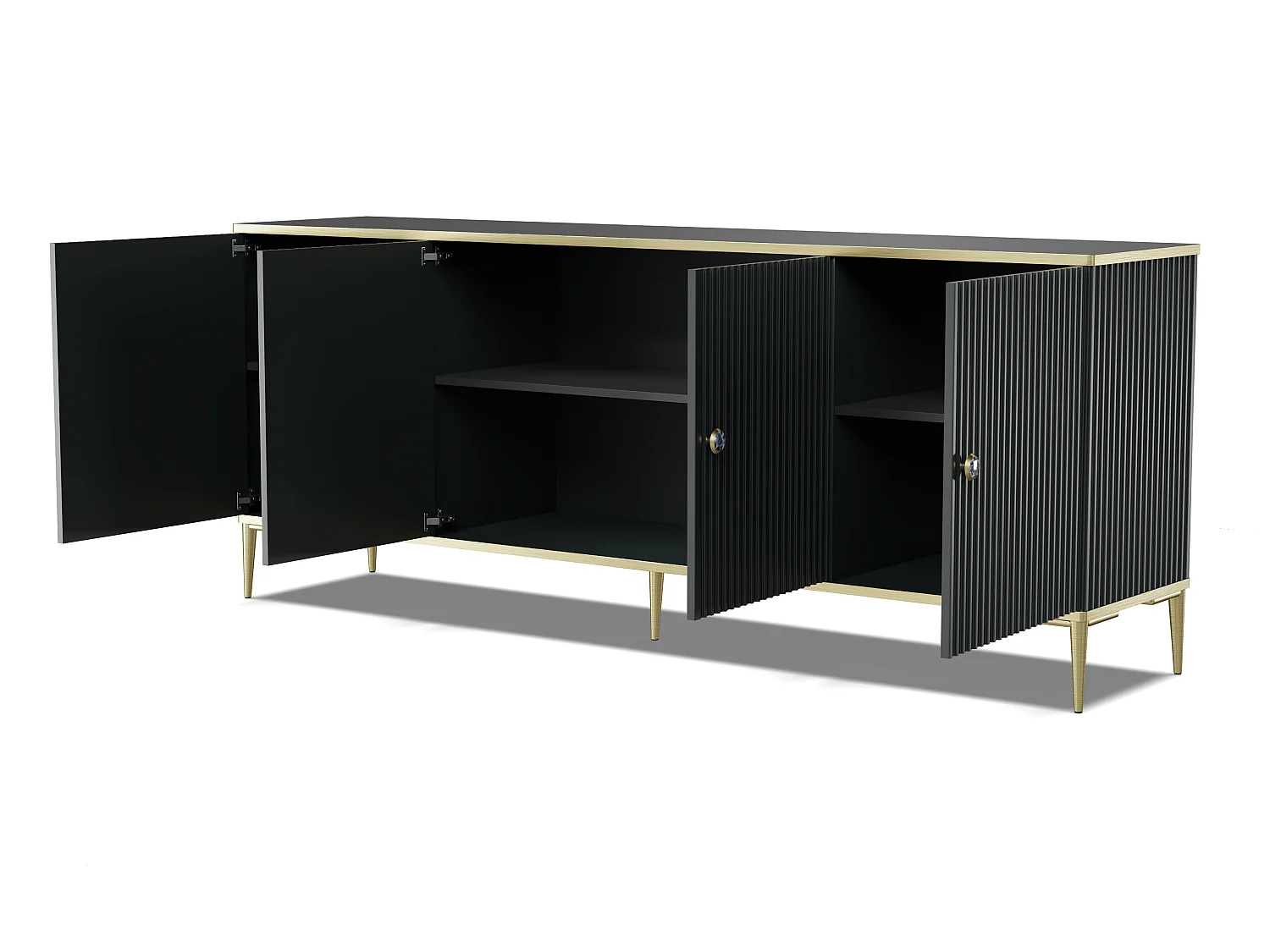 Kommode PETRA 4 Türen 182 cm Schwarz matt mit goldenen Metallfüßen