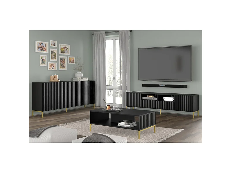 Kommode WAVE 200 cm Schwarz matt mit schwarzen Metallfüßen