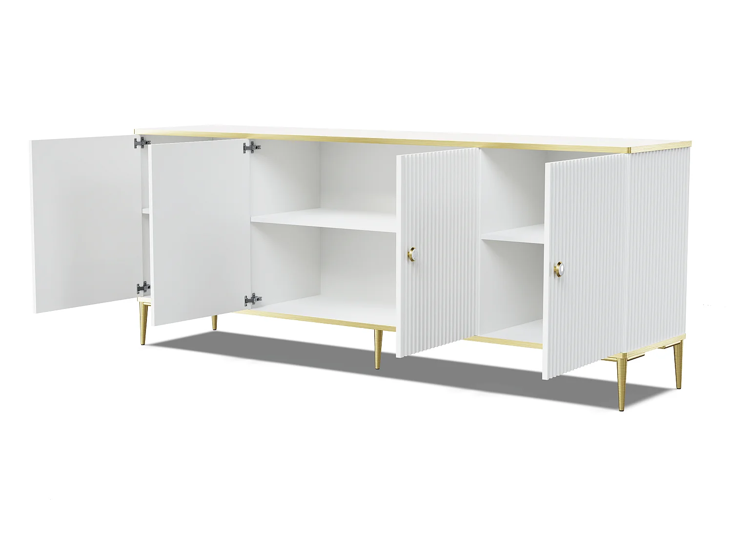 Kommode PETRA 4 Türen 182 cm Weiß matt mit goldenen Metallfüßen