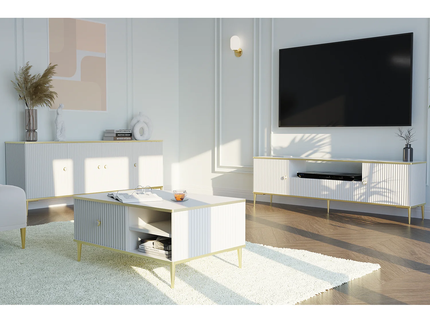 Kommode PETRA 4 Türen 182 cm Weiß matt mit goldenen Metallfüßen