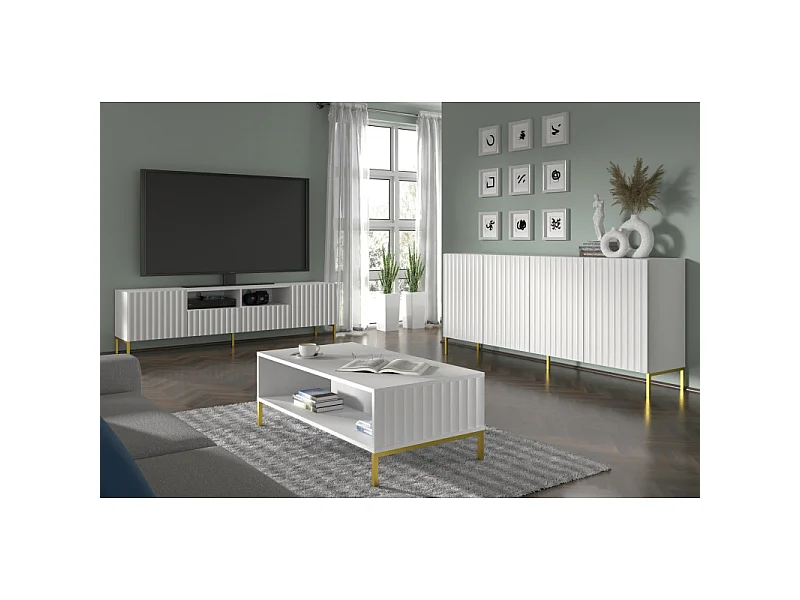 Kommode WAVE 200 cm Weiß matt mit schwarzen Metallfüßen