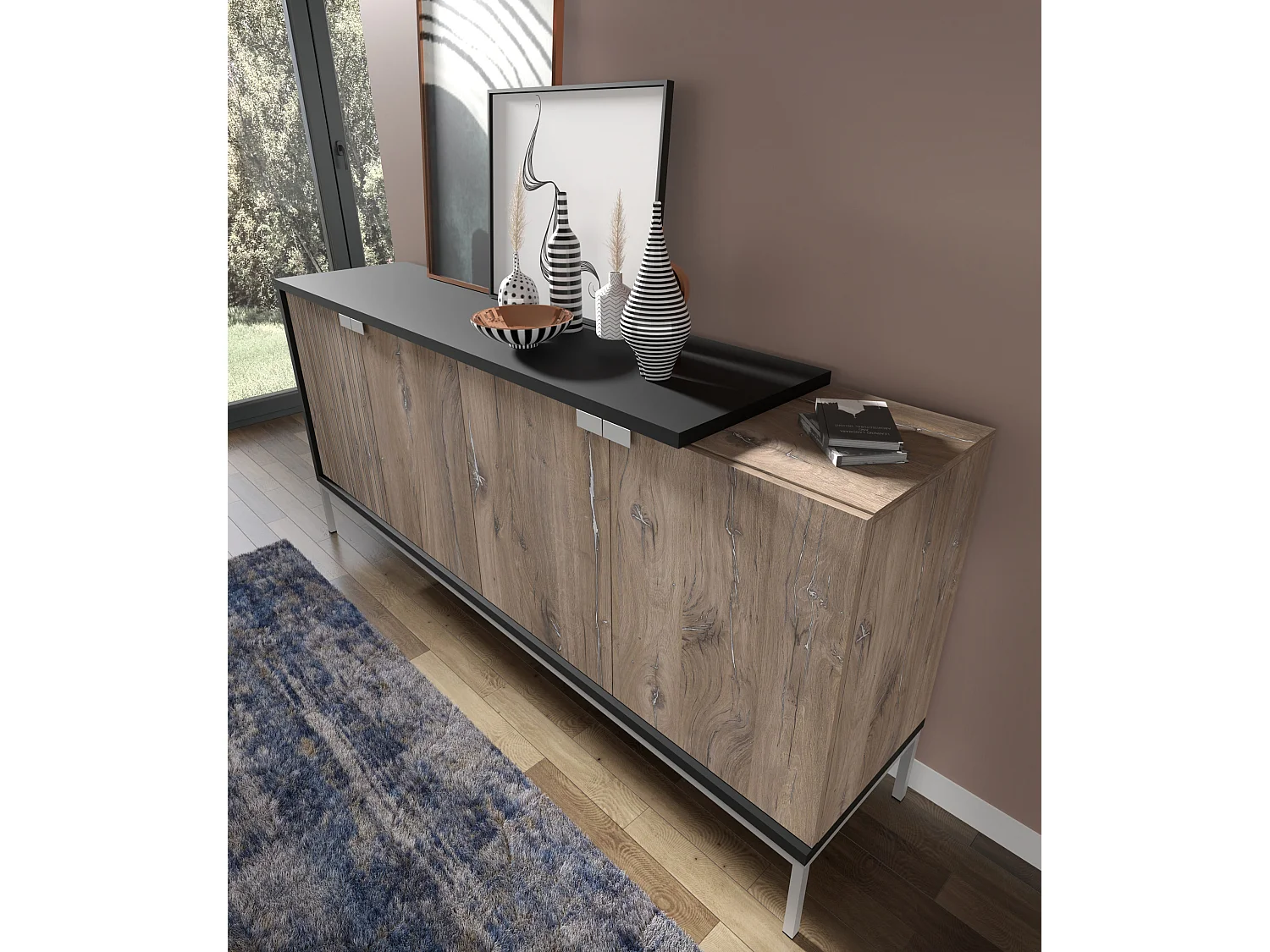 Kommode TOLEDO 4 Türen 190 cm Flagstaff-Eiche und Schwarz matt