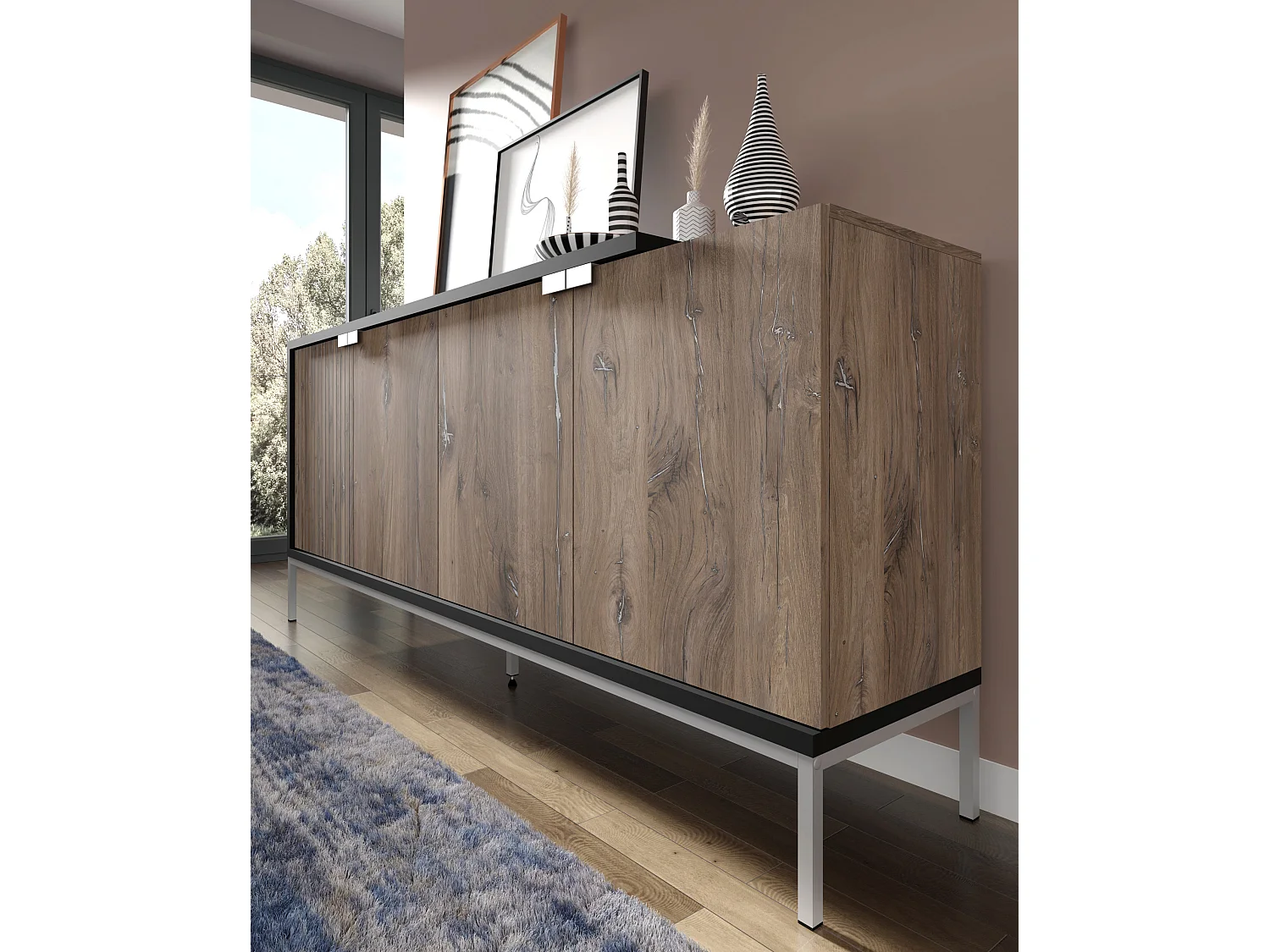Kommode TOLEDO 4 Türen 190 cm Flagstaff-Eiche und Schwarz matt