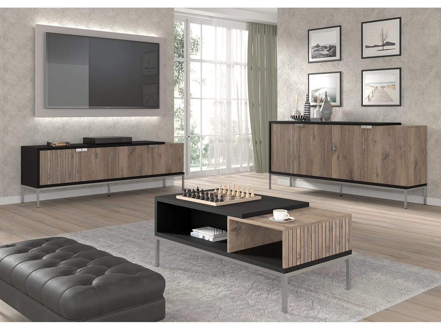 Kommode TOLEDO 4 Türen 190 cm Flagstaff-Eiche und Schwarz matt