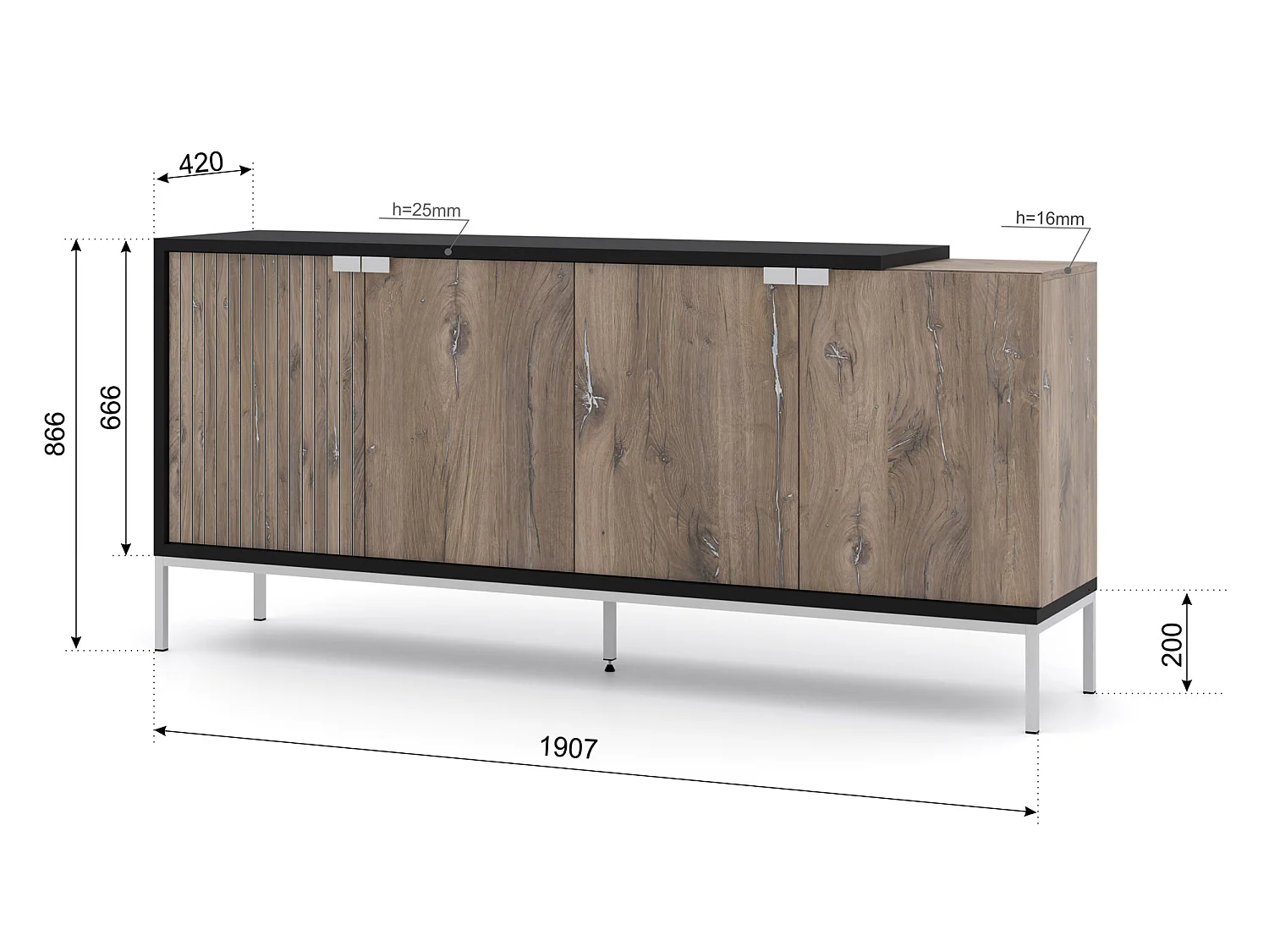 Kommode TOLEDO 4 Türen 190 cm Flagstaff-Eiche und Schwarz matt