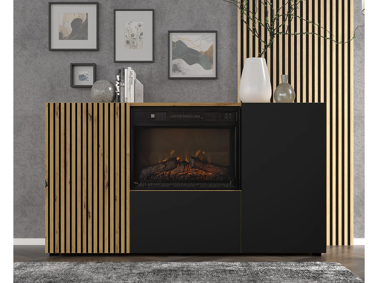 Kommode AURIS 3D 150 cm mit Elektrokamin Eiche Artisan / Schwarz Matt