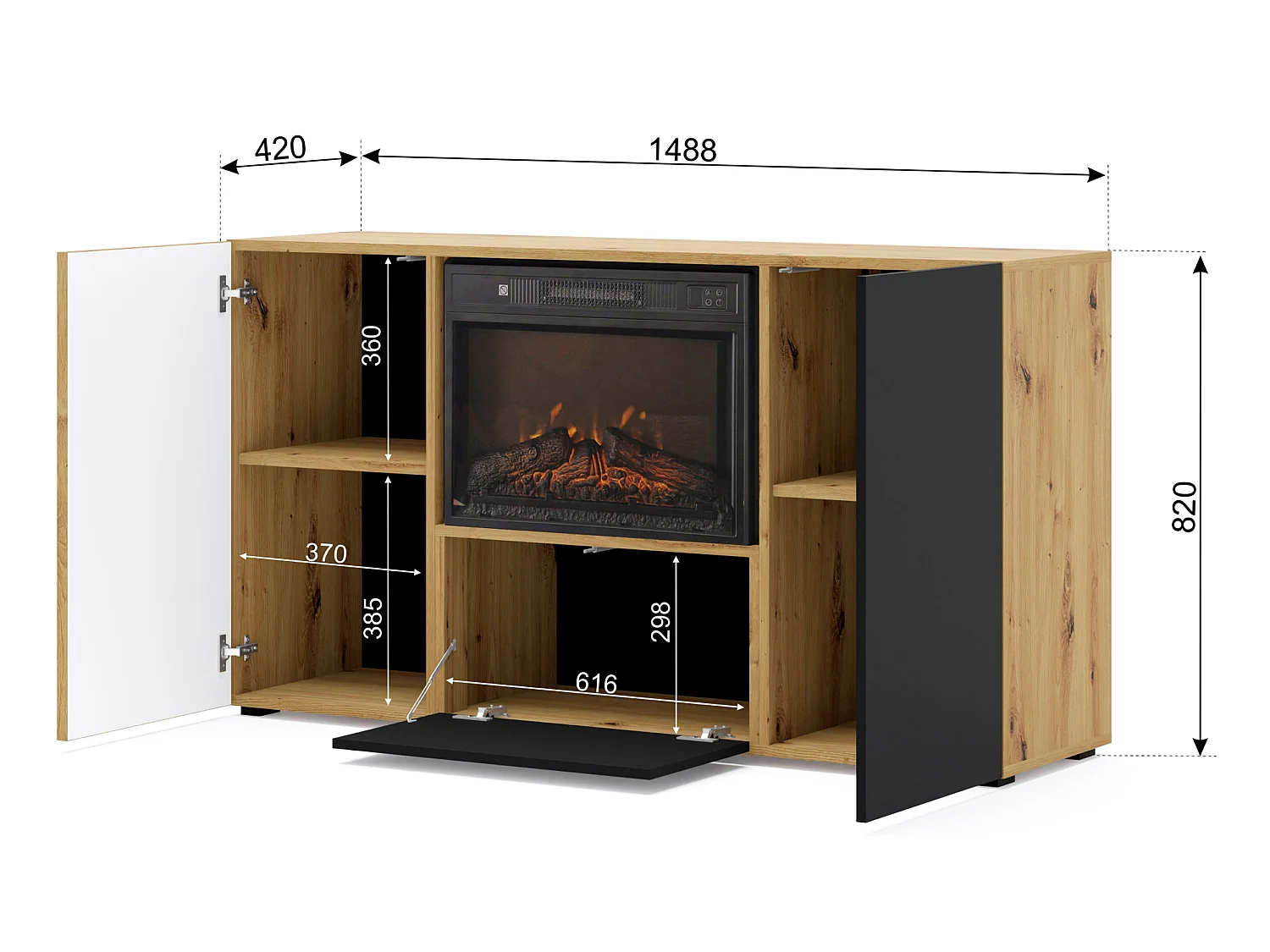 Kommode AURIS 3D 150 cm mit Elektrokamin Eiche Artisan / Schwarz Matt