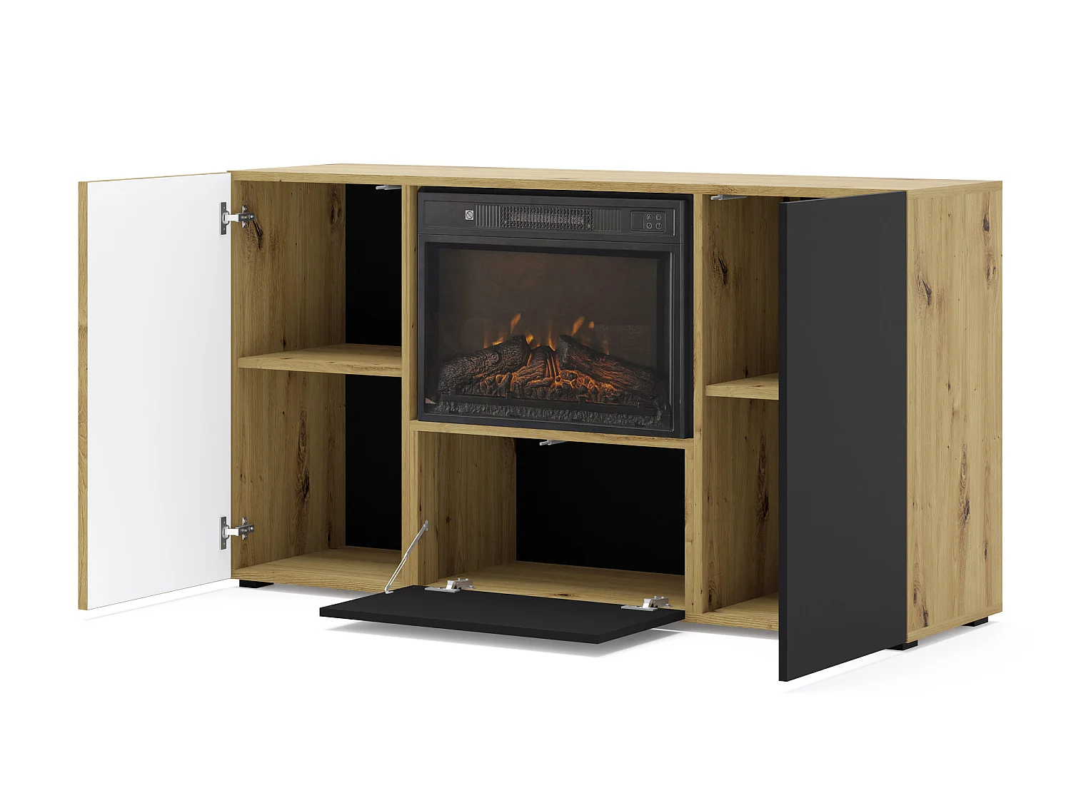 Kommode AURIS 3D 150 cm mit Elektrokamin Eiche Artisan / Schwarz Matt