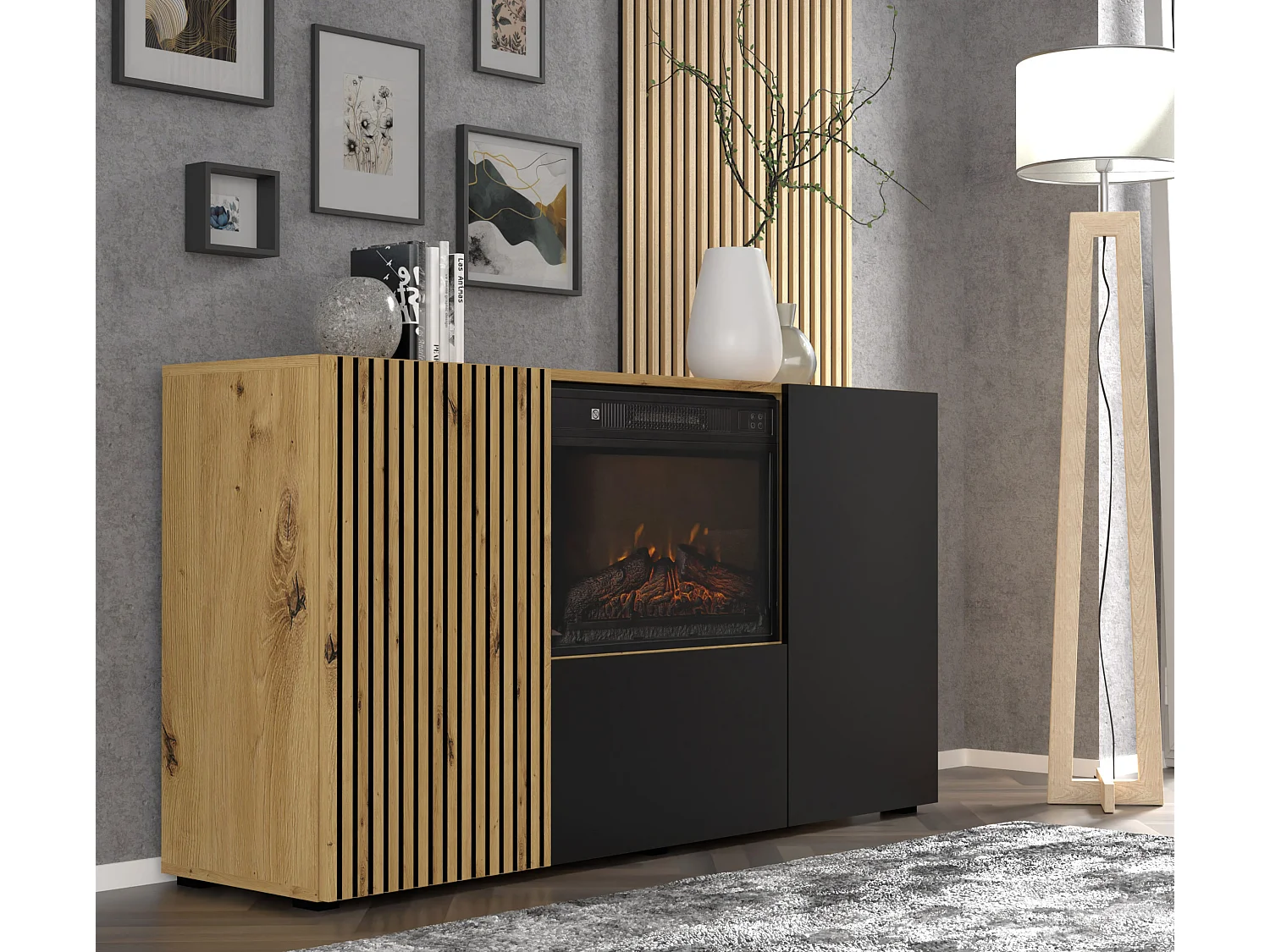 Kommode AURIS 3D 150 cm mit Elektrokamin Eiche Artisan / Schwarz Matt