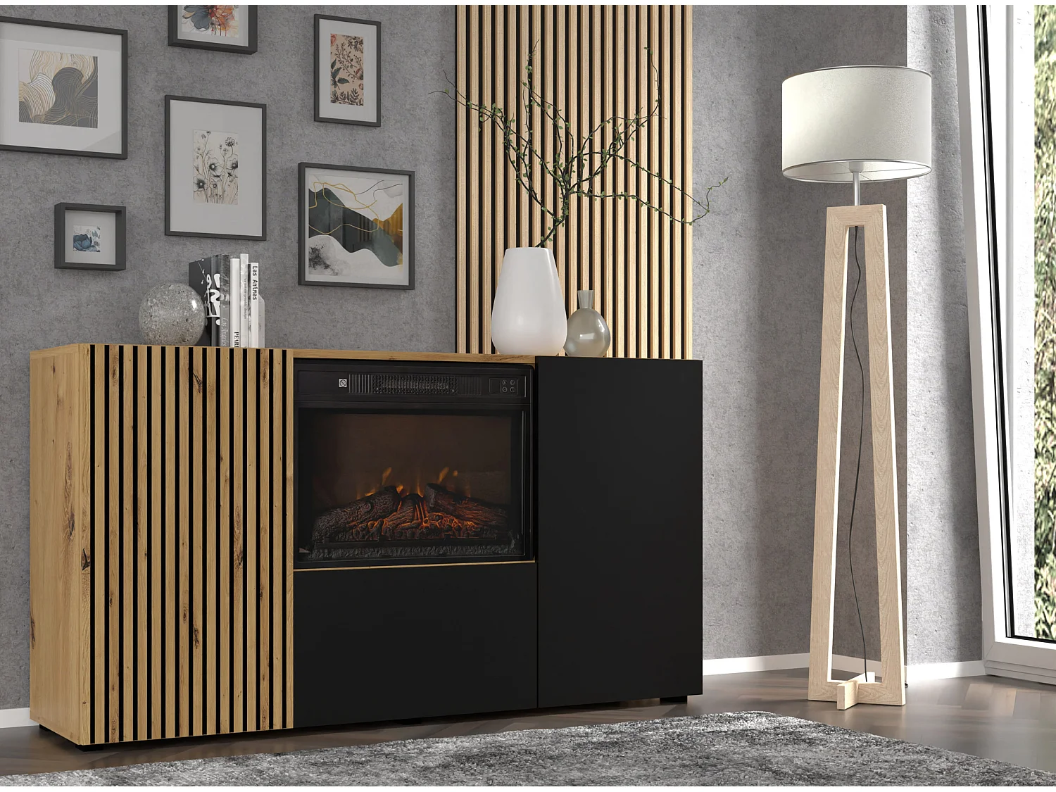 Kommode AURIS 3D 150 cm mit Elektrokamin Eiche Artisan / Schwarz Matt