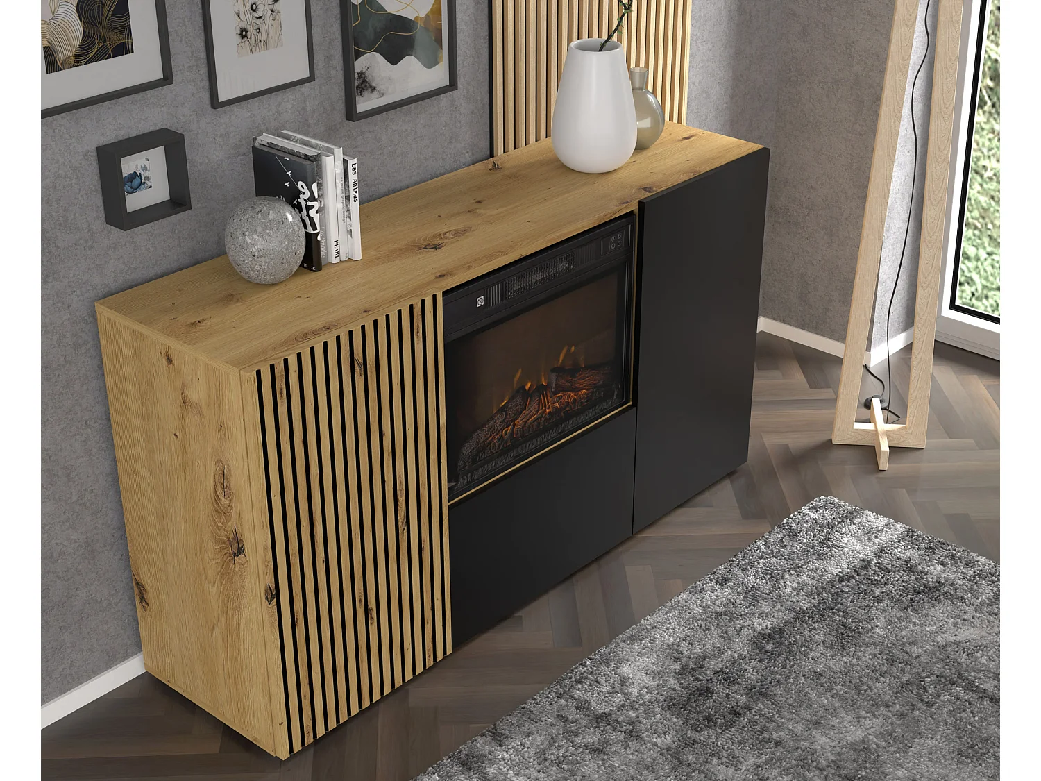 Kommode AURIS 3D 150 cm mit Elektrokamin Eiche Artisan / Schwarz Matt