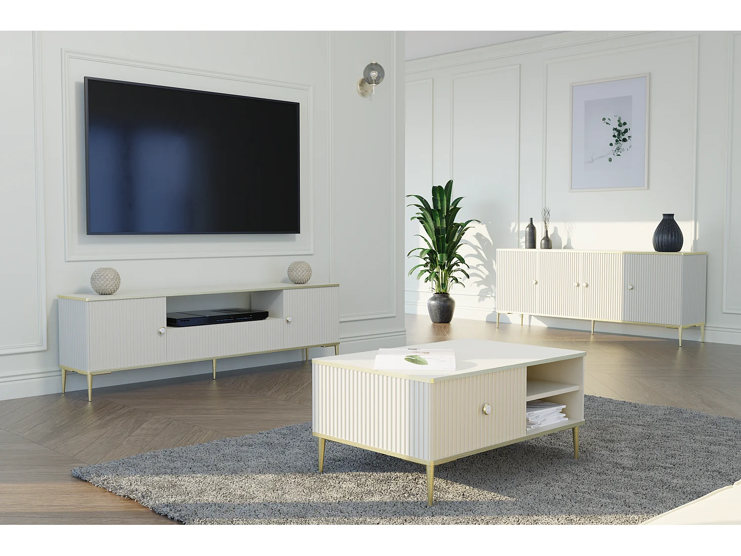 Kommode PETRA 4 Türen 182 cm Kaschmir mit goldenen Metallfüßen