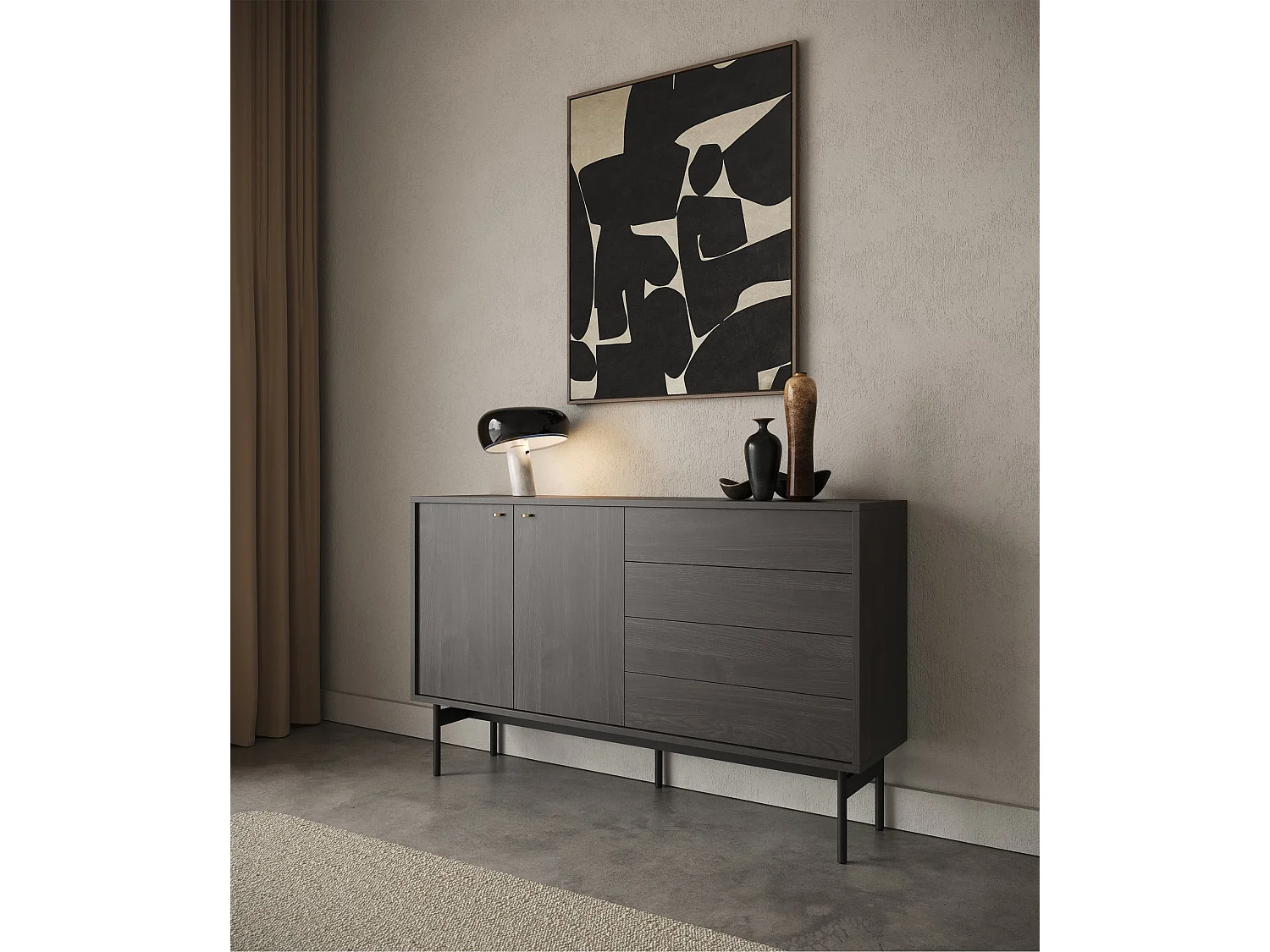 Dressoir met 2 deuren en 4 lades - zwart essen - 154 cm - Olar II