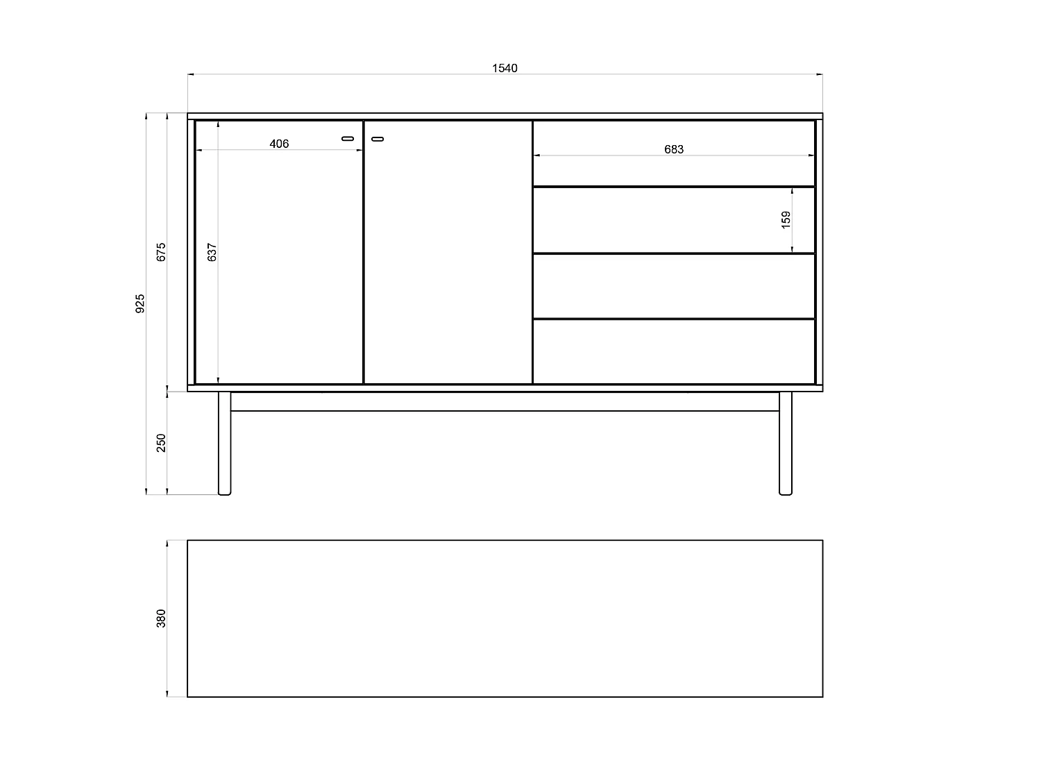 Dressoir met 2 deuren en 4 lades - zwart essen - 154 cm - Olar II