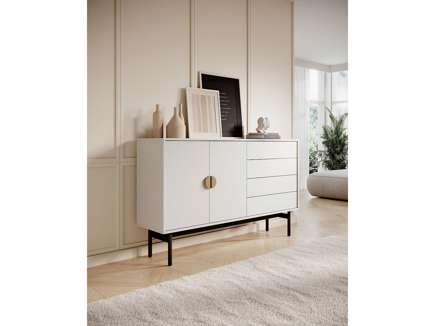 Dressoir met 2 deuren en 4 lades - wit - 154 cm - Stoon II