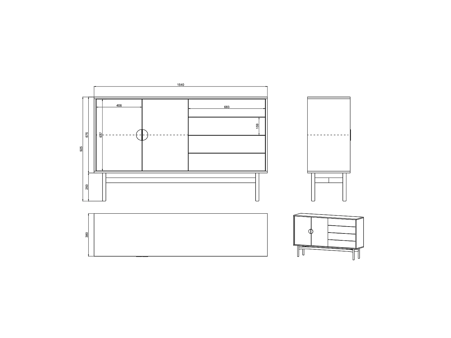 Buffet avec 2 portes et 4 tiroirs - 154cm - blanc - STOON II