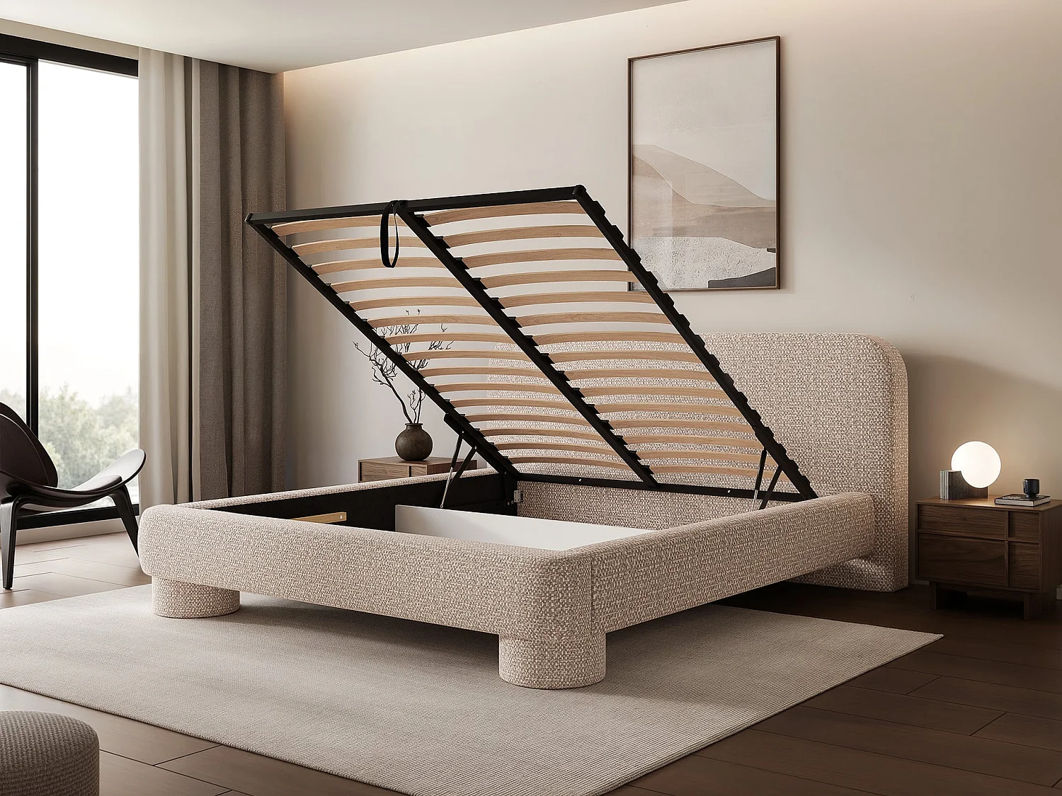 Lit rembourré avec coffre - 160x200 cm - bouclé Blanc - Fredo