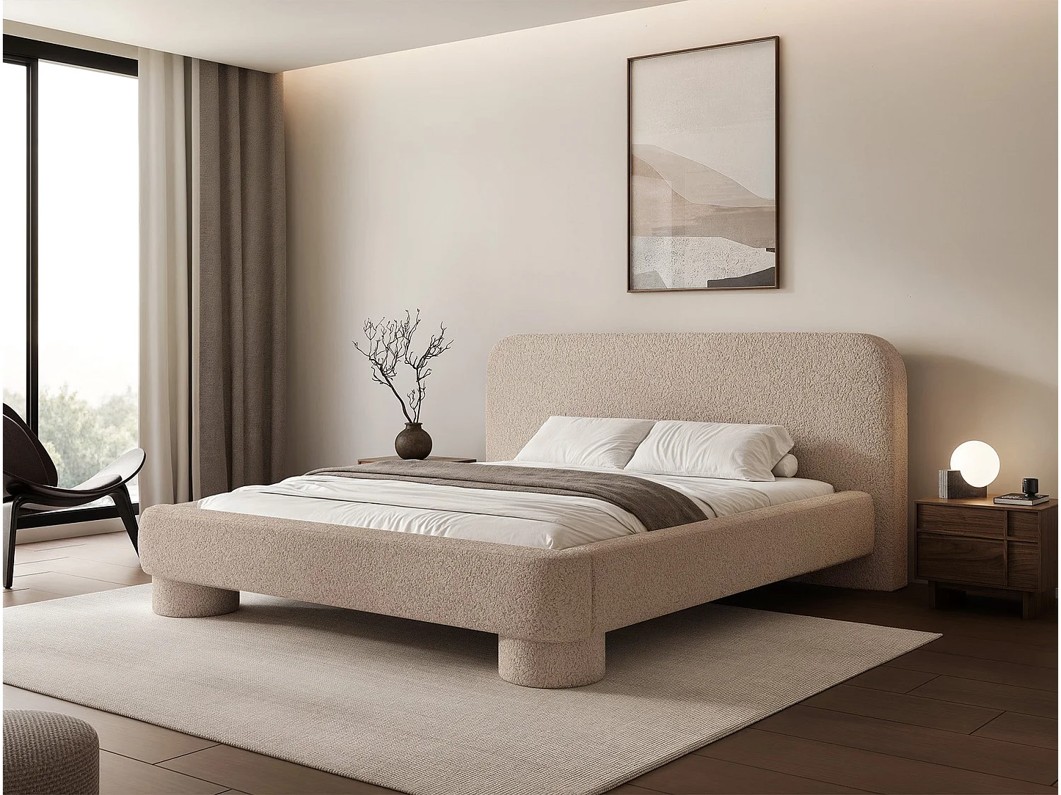 Lit rembourré avec coffre - 160x200 cm - bouclé Beige - Fredo
