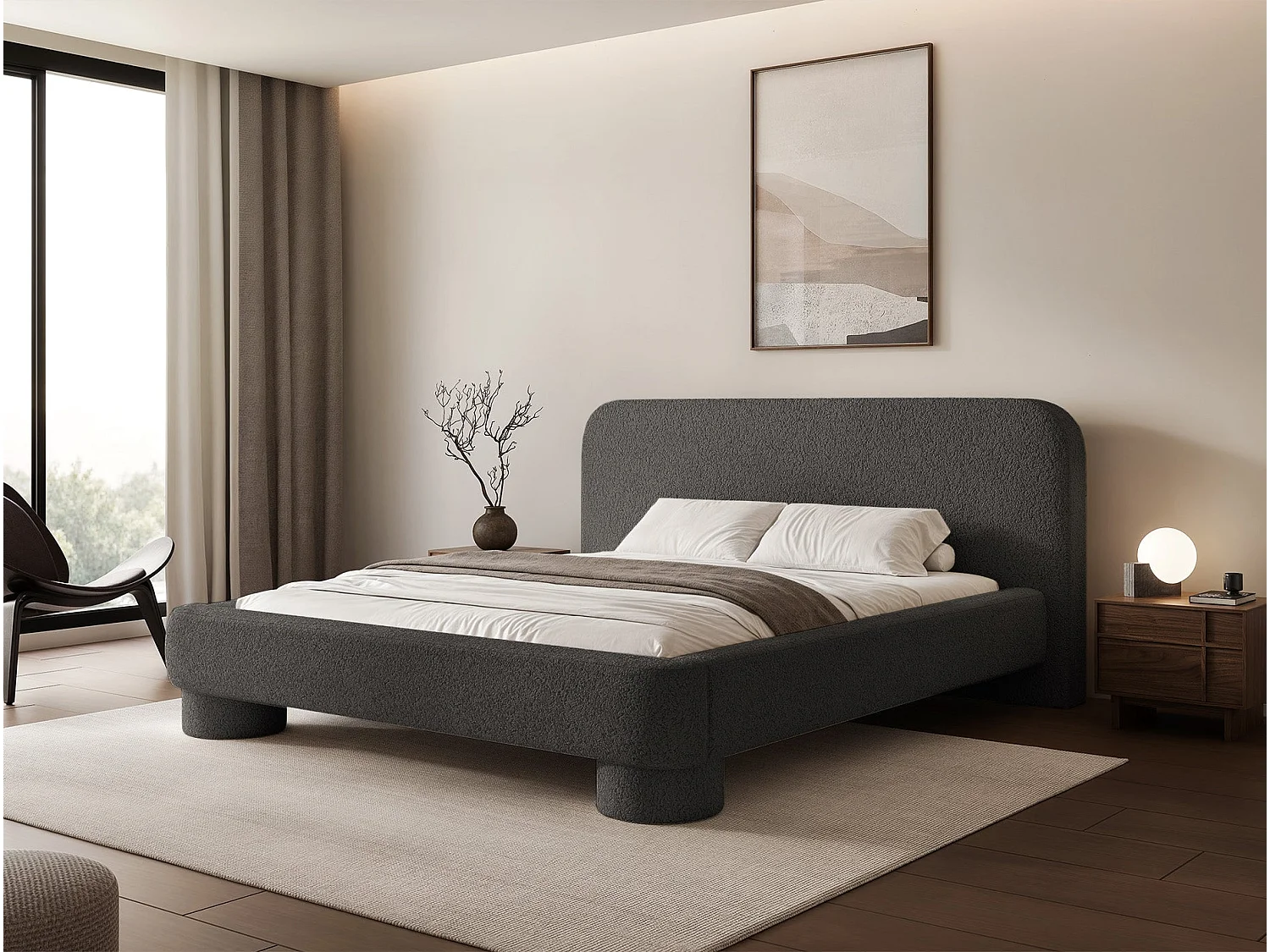 Lit rembourré avec coffre - 160x200 cm - bouclé Gris foncé - Fredo