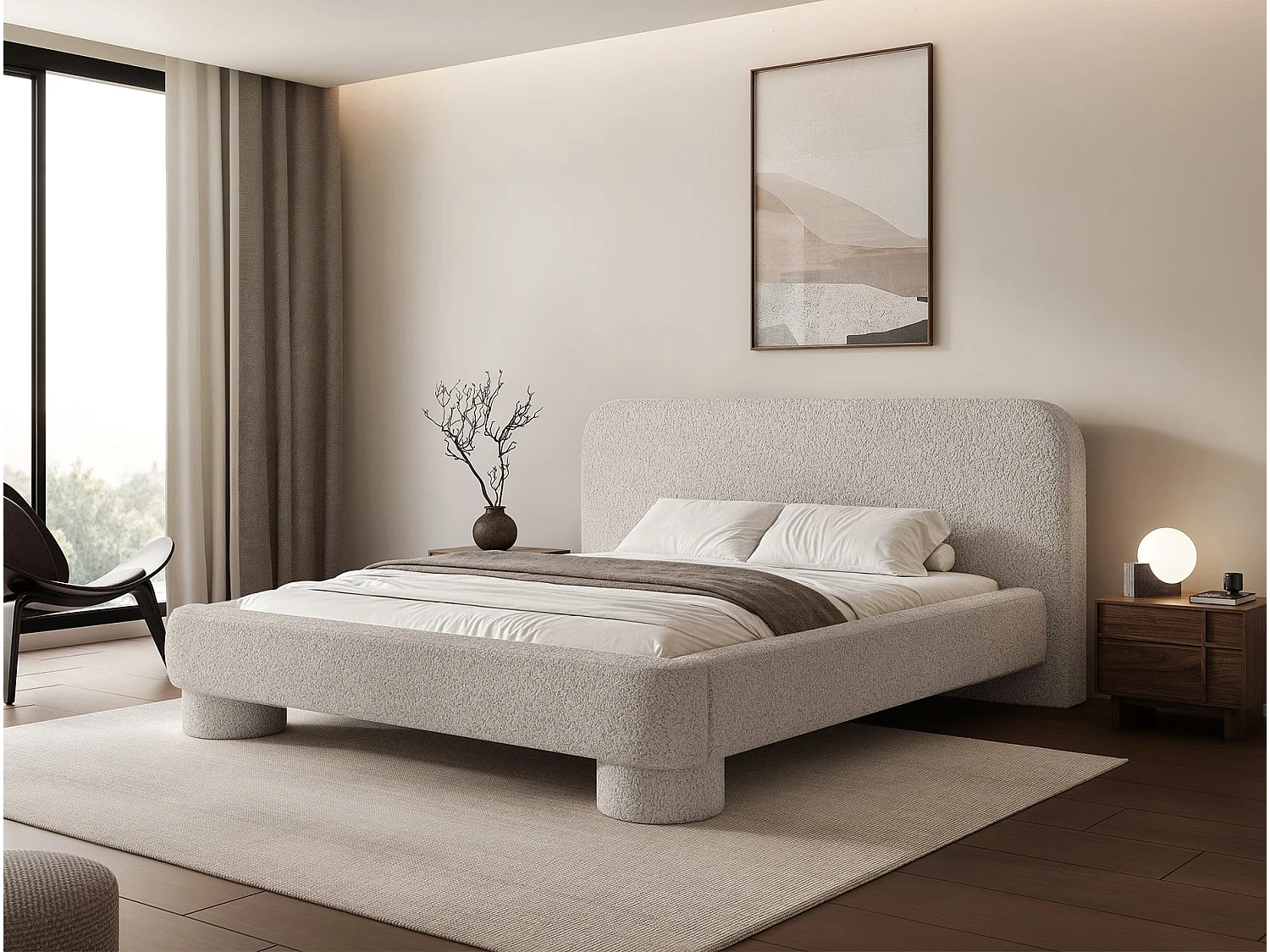 Lit rembourré avec coffre - 160x200 cm - bouclé Gris clair - Fredo