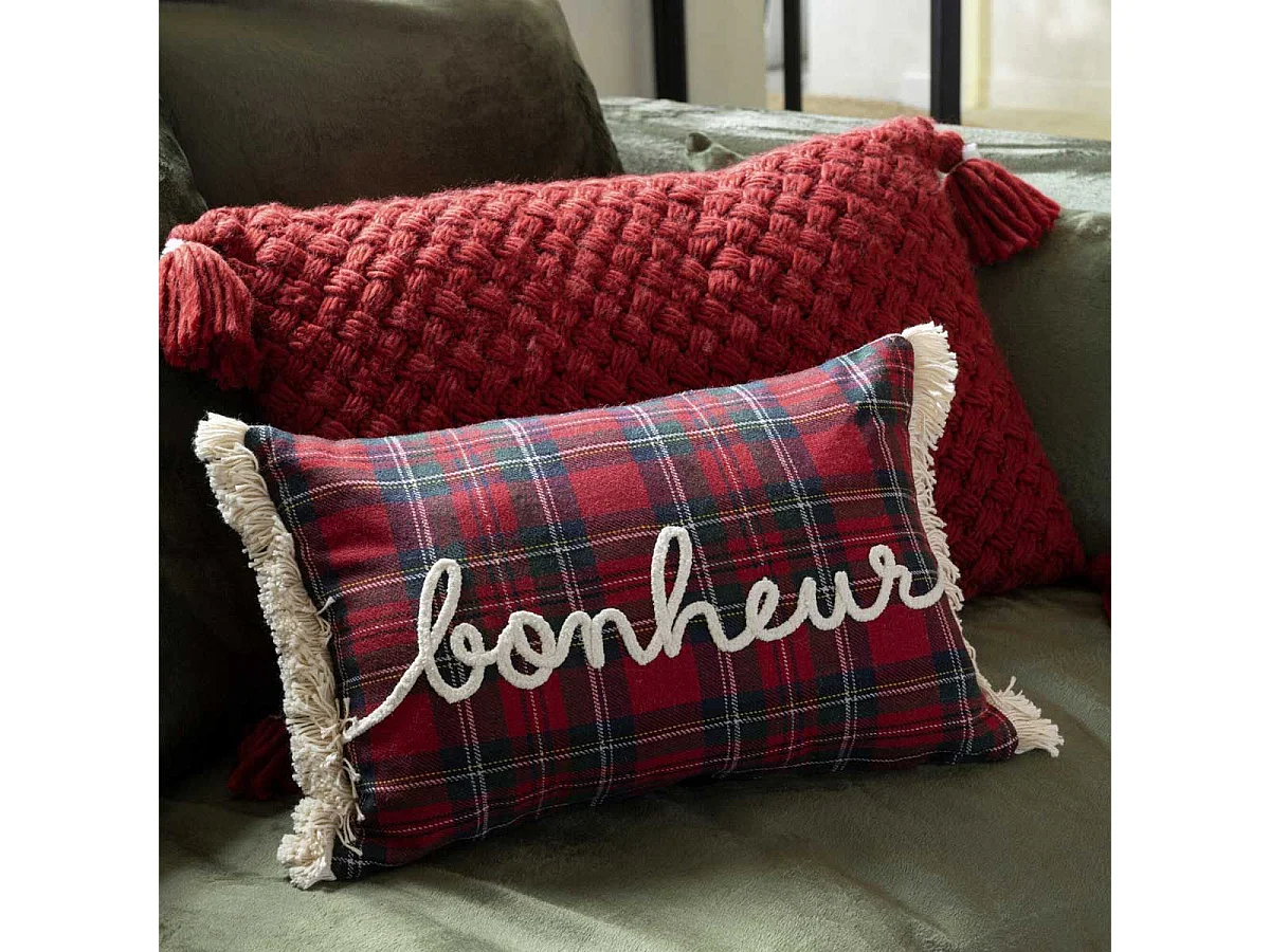 Coussin Déco à Carreaux "Bonheur" 30x45cm Rouge