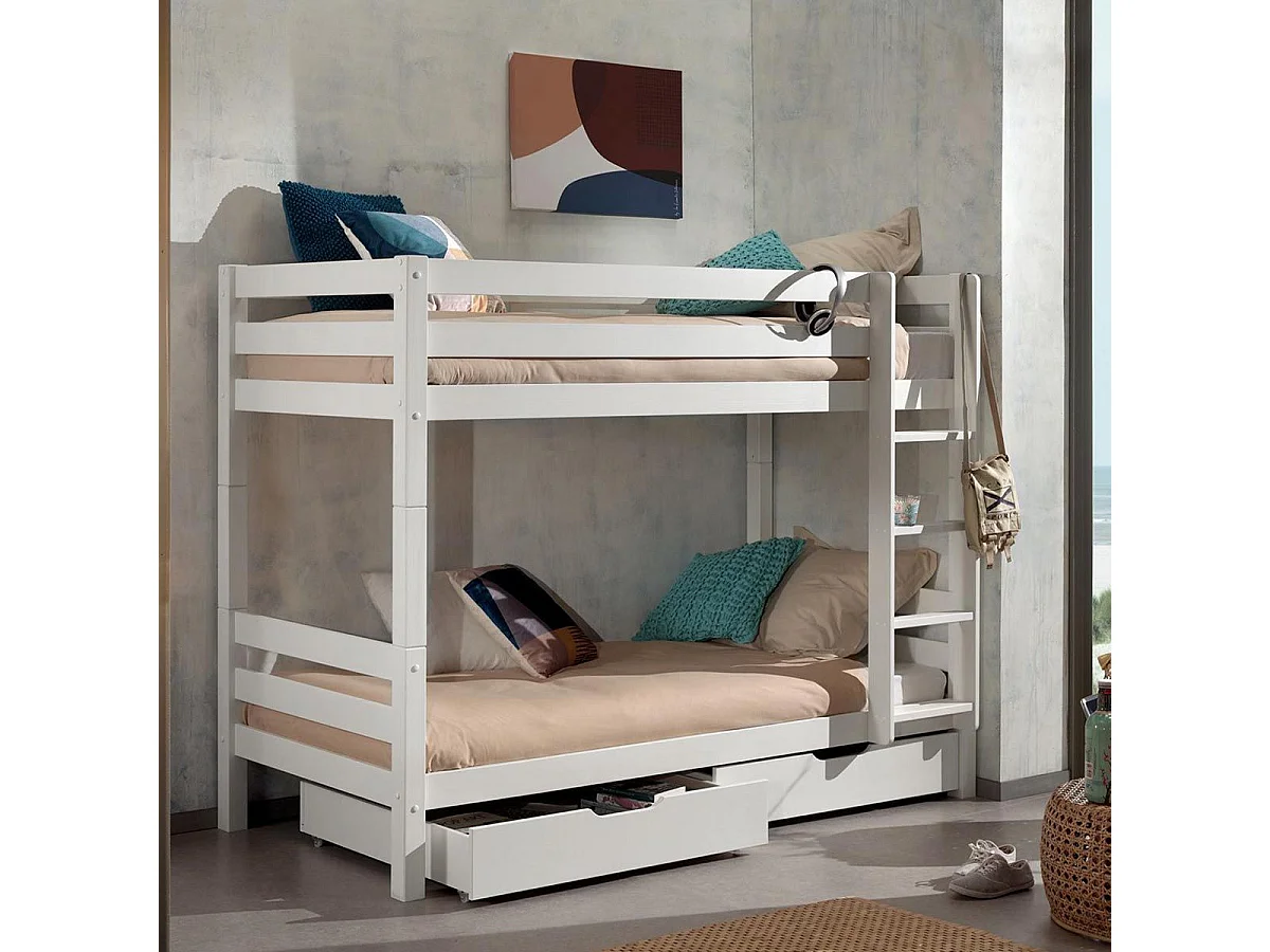 Pack - Lit Superposé Enfant & 2 Tiroirs "Pino" Blanc