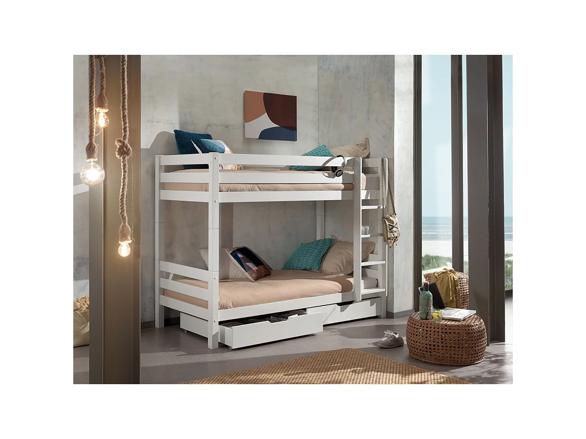 Pack - Lit Superposé Enfant & 2 Tiroirs "Pino" Blanc