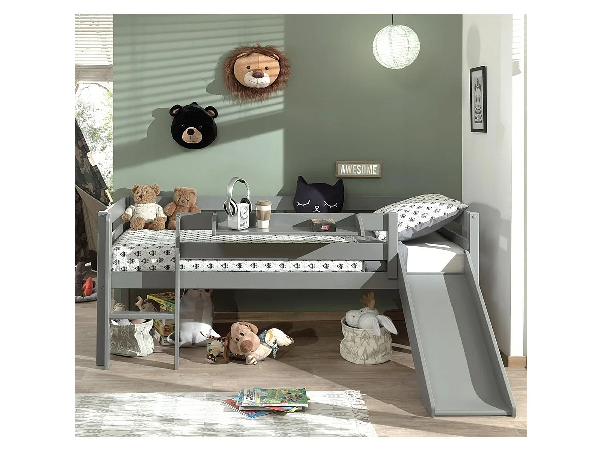 Pack - Lit Enfant Surélevé & Etagère "Pino II" Gris