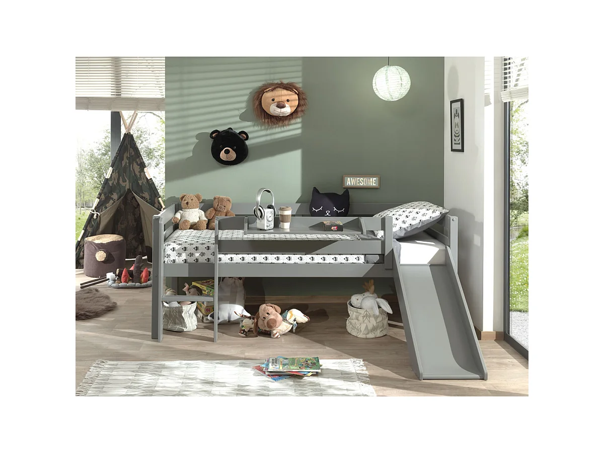 Pack - Lit Enfant Surélevé & Etagère "Pino II" Gris