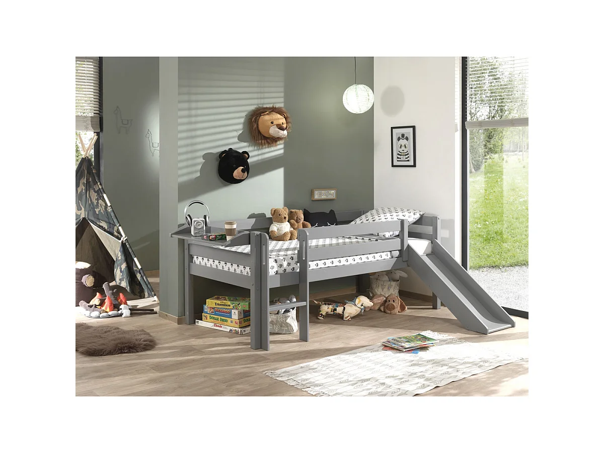 Pack - Lit Enfant Surélevé & Etagère "Pino II" Gris