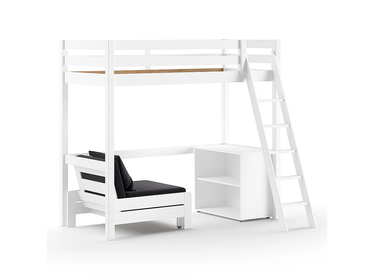 Pack - Lit Mezzanine, Fauteuil-Lit & Bibliothèque "Pino" 90x200cm Blanc
