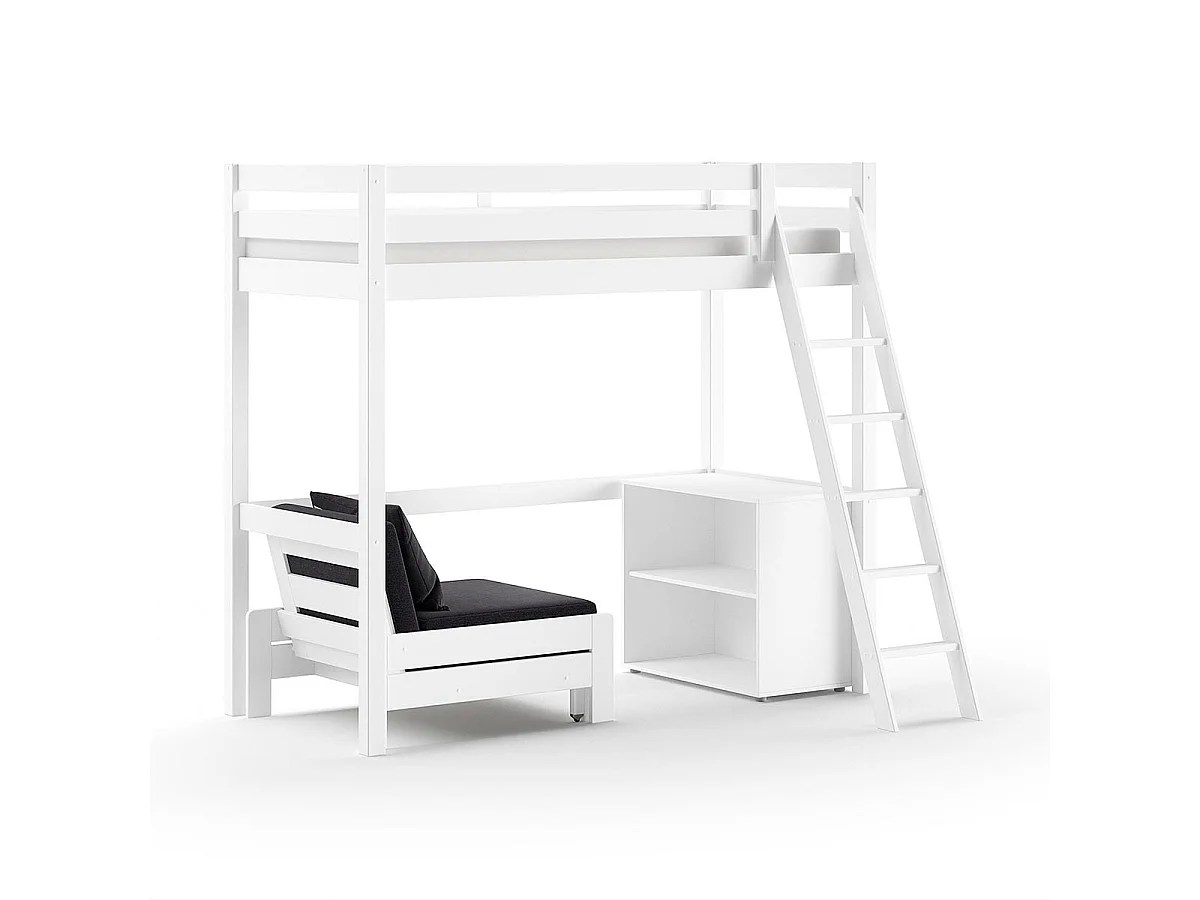 Pack - Lit Mezzanine, Fauteuil-Lit & Bibliothèque "Pino" 90x200cm Blanc