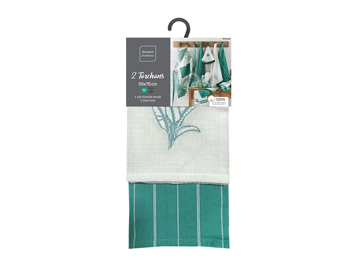 Lot de 2 Torchons Nid d'Abeille Brodé "Botanique" 50x70cm Vert