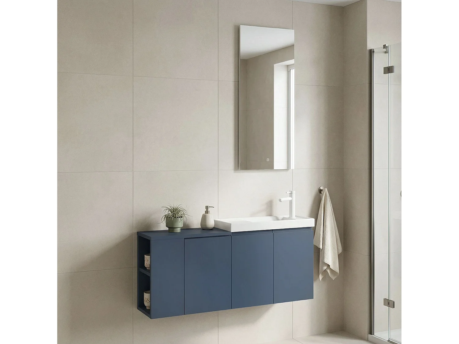 Ensemble Meuble Vasque avec Miroir (2 Pièces) "Ferla 110" - 110 x 22 x 45 cm - Matte Blue