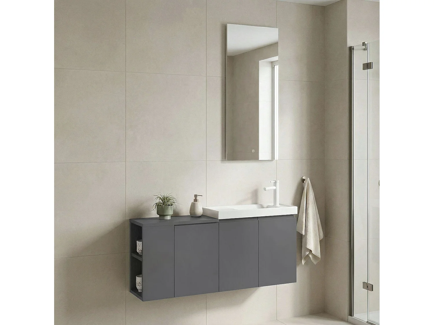 Ensemble Meuble Vasque avec Miroir (2 Pièces) "Ferla 110" - 110 x 22 x 45 cm - Matte Grey