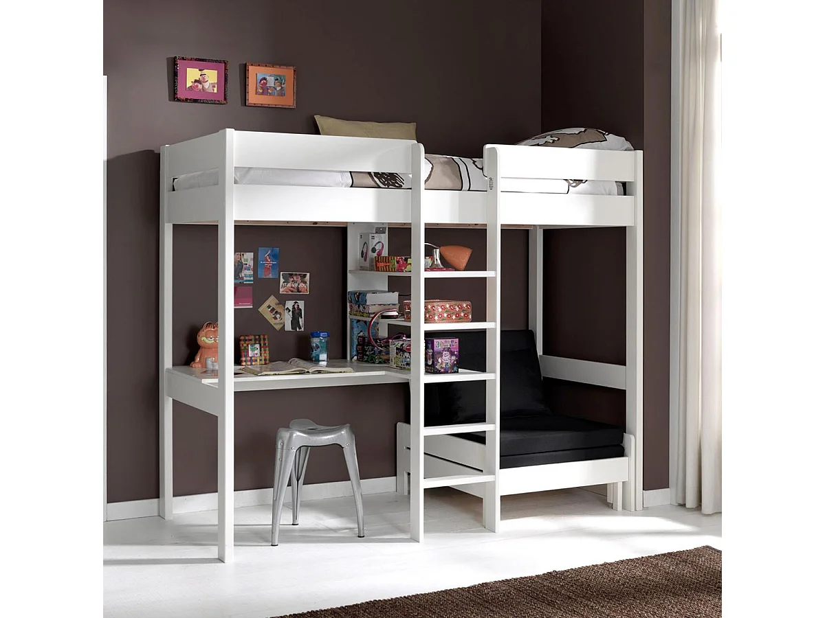 Pack - Lit Mezzanine, Fauteuil-Lit & Matelas "Pino" 90x200cm Blanc