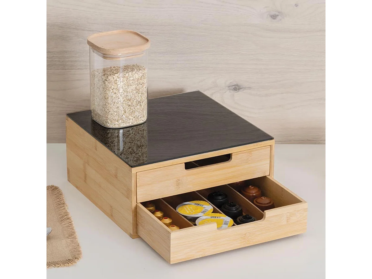 Porte-Capsules 2 Tiroirs "Black Bambou" 30cm Naturel