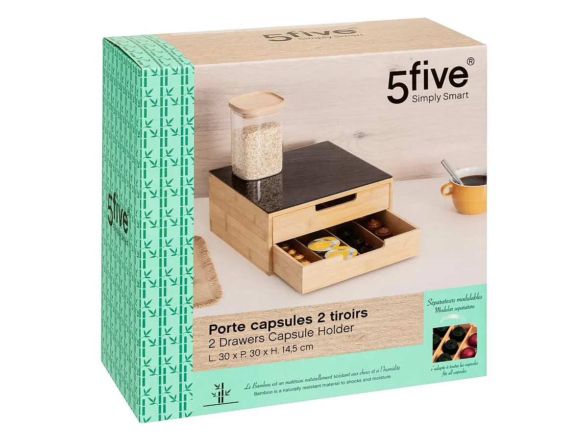 Porte-Capsules 2 Tiroirs "Black Bambou" 30cm Naturel
