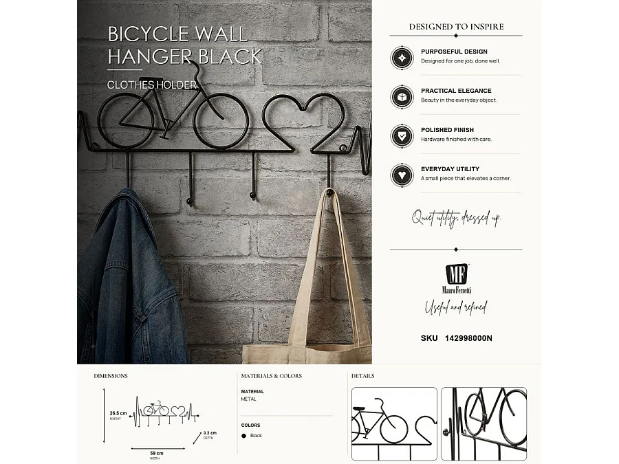 Patère Murale en Métal "Bicycle" 59cm Noir