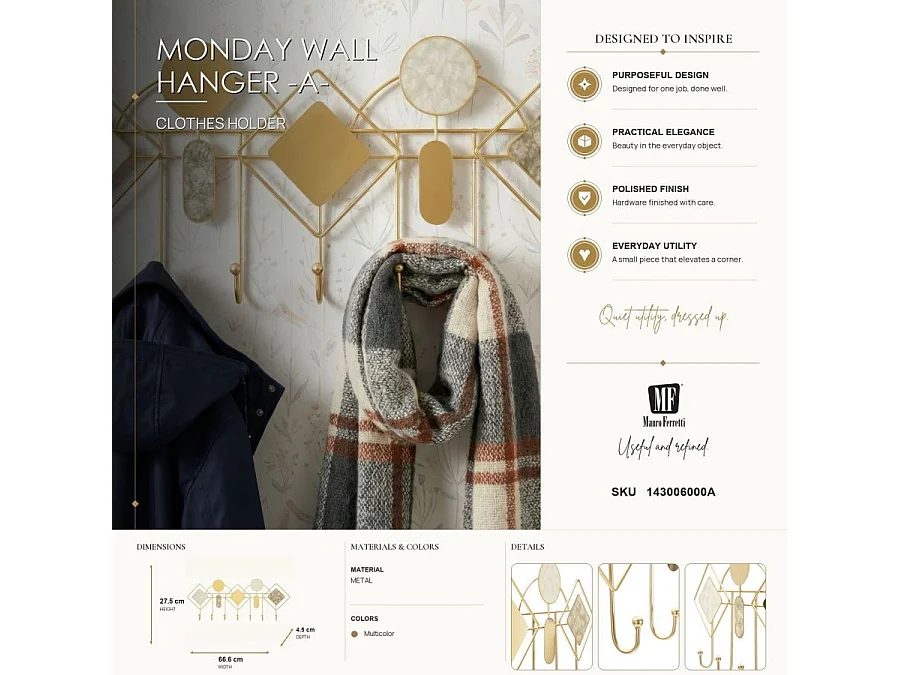 Patère Murale en Métal "Monday" 66cm Beige & Or