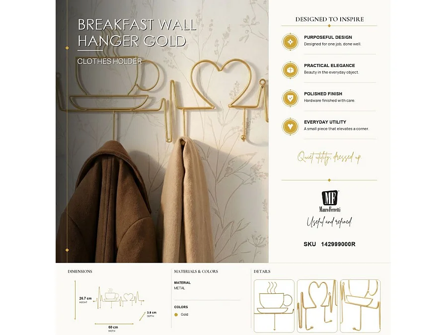Patère Murale en Métal "Breakfast" 60cm Or