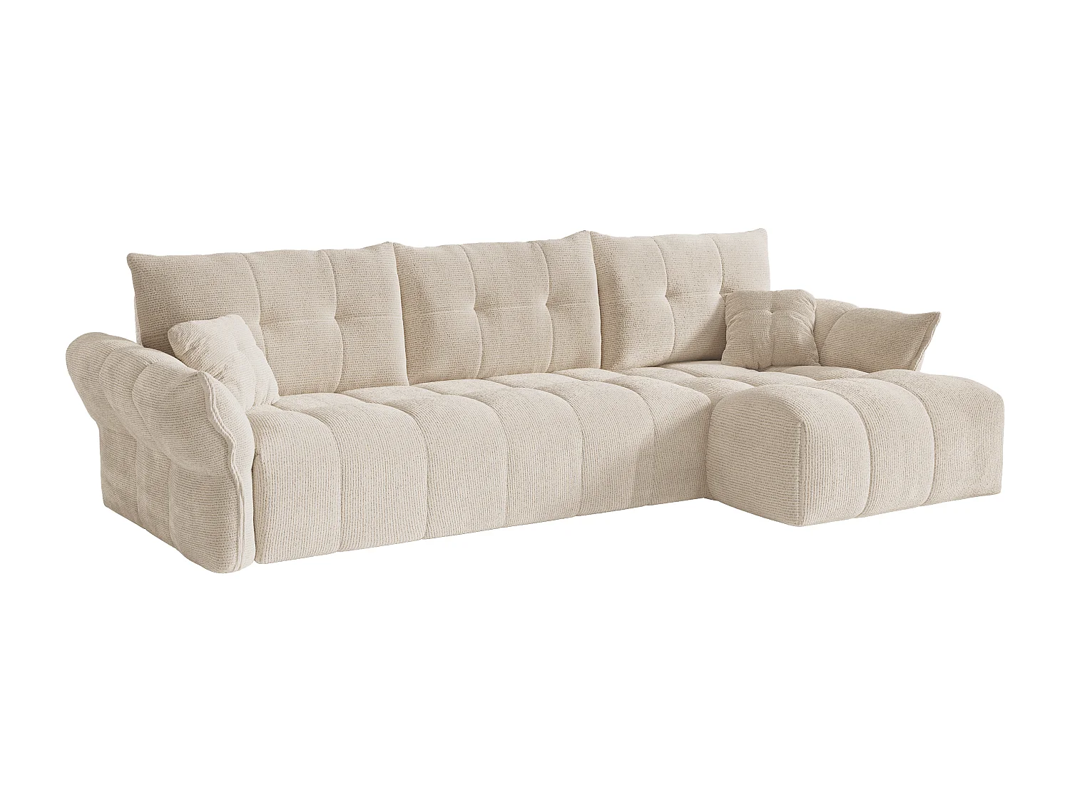 Canapé d'angle droit convertible express en tissu chiné beige - Couchage 140 cm - Matelas 13 cm avec mémoire de forme IRIS