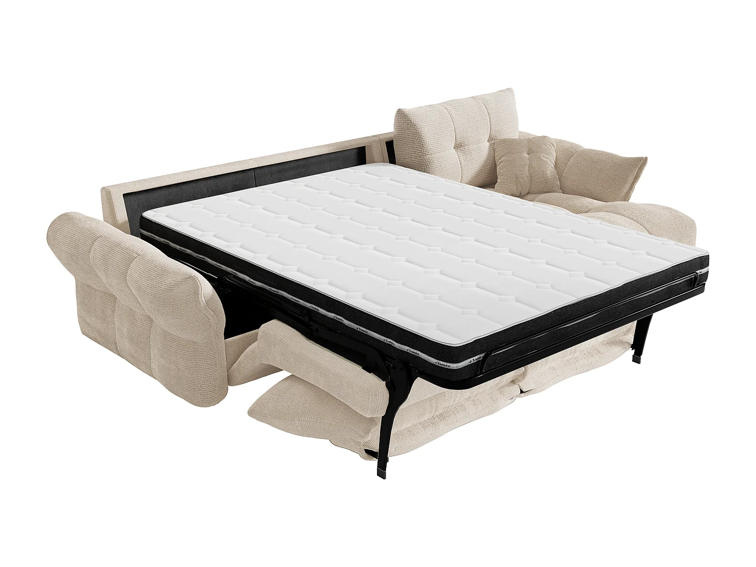 Canapé d'angle droit convertible express en tissu chiné beige - Couchage 140 cm - Matelas 13 cm avec mémoire de forme IRIS