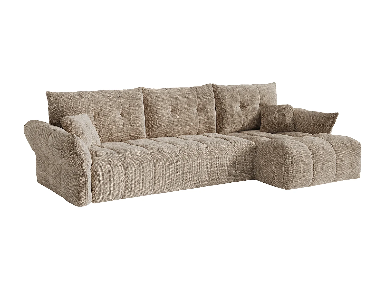 Canapé d'angle droit convertible express en tissu chiné taupe - Couchage 140 cm - Matelas 13 cm avec mémoire de forme IRIS