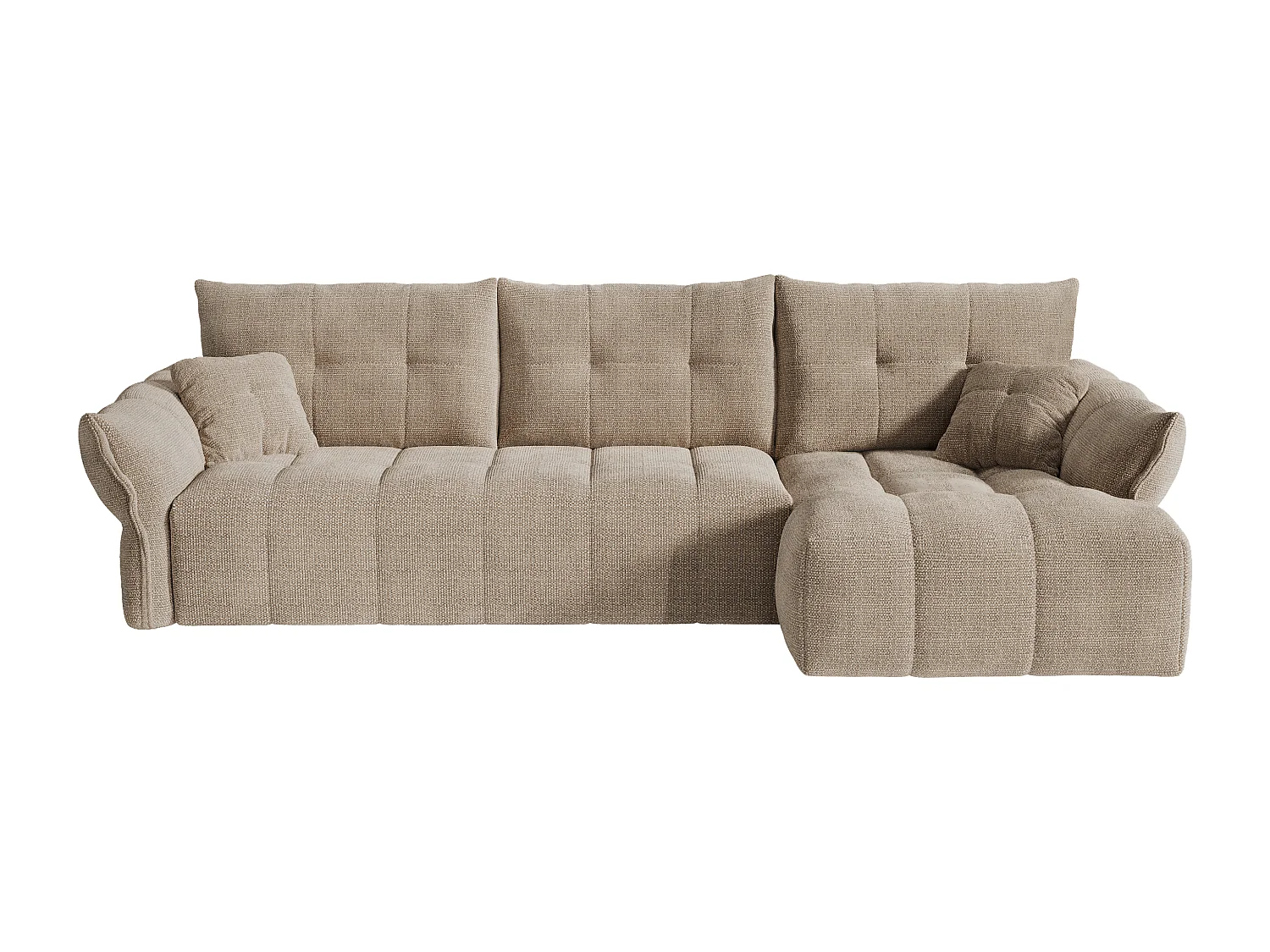 Canapé d'angle droit convertible express en tissu chiné taupe - Couchage 140 cm - Matelas 13 cm avec mémoire de forme IRIS
