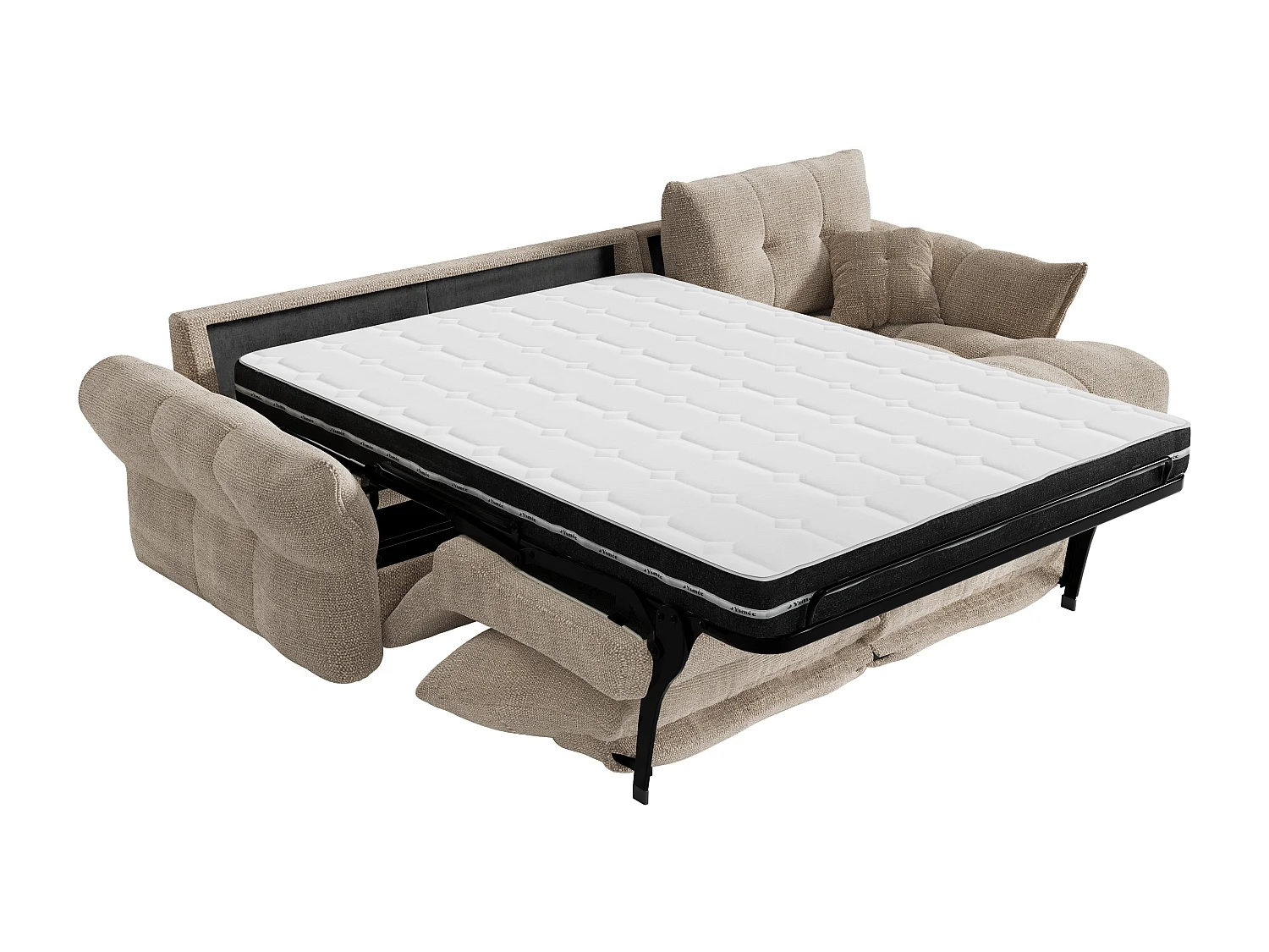Canapé d'angle droit convertible express en tissu chiné taupe - Couchage 140 cm - Matelas 13 cm avec mémoire de forme IRIS