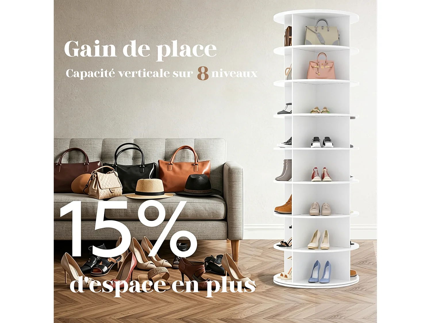 YODOLLA Meuble à Chaussures Rotatif - 8 Niveaux, 360°, Polyvalent (Sacs, Accessoires) Entrée/Salon/Chambre, 60x60x183 cm, Blanc