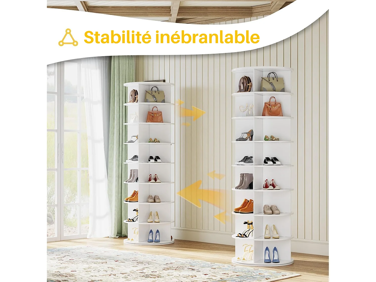 YODOLLA Meuble à Chaussures Rotatif - 8 Niveaux, 360°, Polyvalent (Sacs, Accessoires) Entrée/Salon/Chambre, 60x60x183 cm, Blanc
