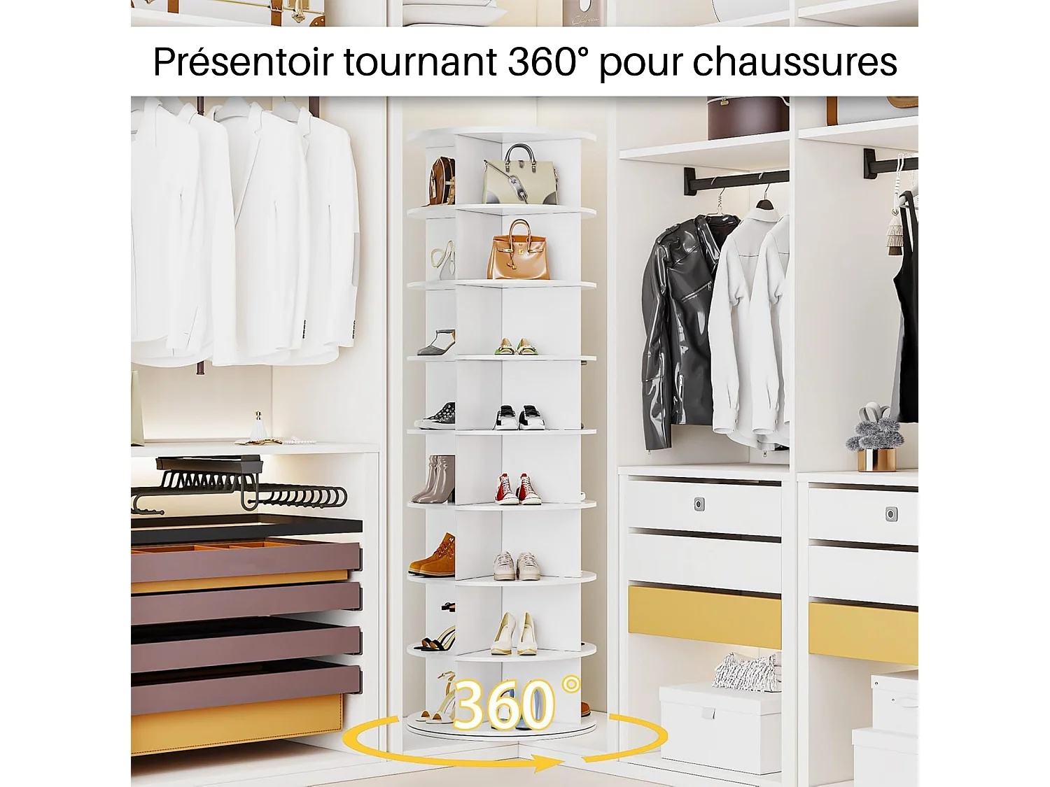 YODOLLA Meuble à Chaussures Rotatif - 8 Niveaux, 360°, Polyvalent (Sacs, Accessoires) Entrée/Salon/Chambre, 60x60x183 cm, Blanc