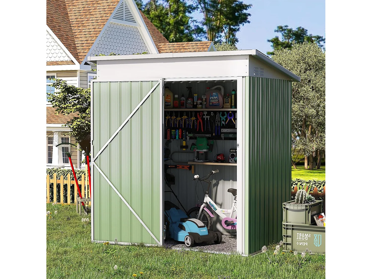 YODOLLA Abri de Jardin en Métal - Cabanon de Rangement Outils avec porte battante - 164 x 81 x 181 CM - Gris